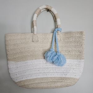 ALTRU Straw Beige and White Woven Tote Bag With Removeable Blue Tassels